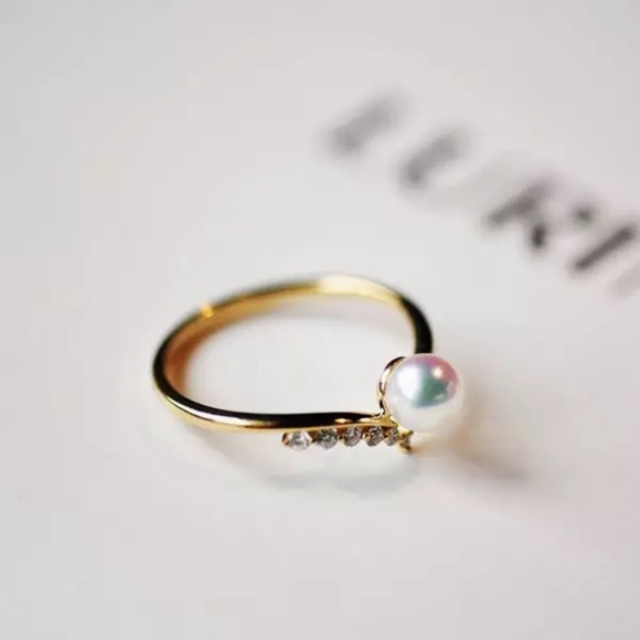 Pearl Ring, Chevron Ring, CZ Stacking Ring - Picture 2 of 6